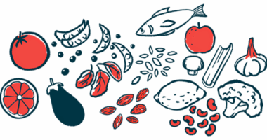 An illustration of a varied diet shows an assortment of fruits and vegetables, fish, and nuts and herbs.