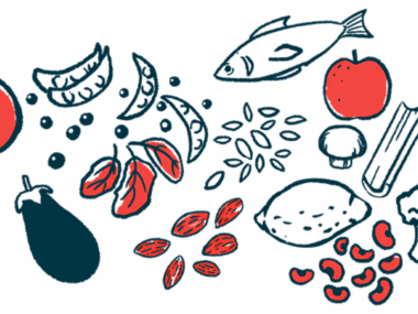 An illustration of a varied diet shows an assortment of fruits and vegetables, fish, and nuts and herbs.