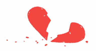 A heart is shown broken in two with fragments lying near it.