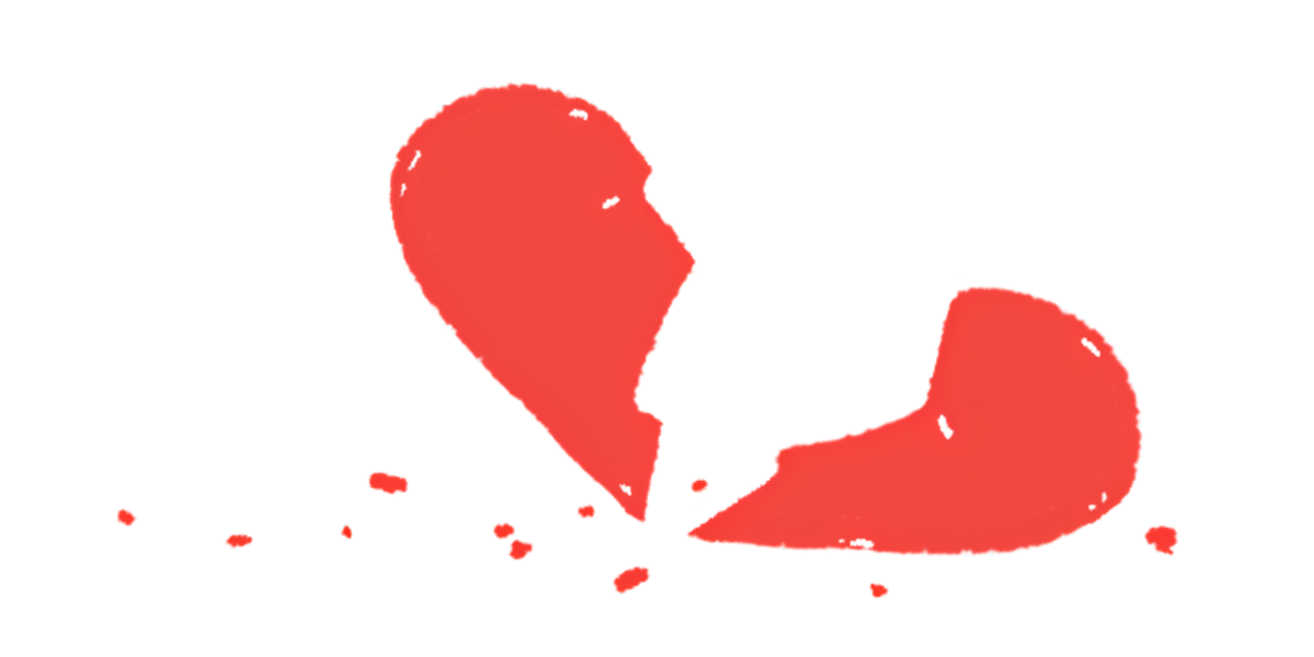 A heart is shown broken in two with fragments lying near it.