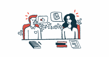 A thumbs-up sign and pages of documents are seen in separate speech bubbles between two people talking at a conference table.