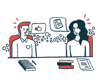 A thumbs-up sign and pages of documents are seen in separate speech bubbles between two people talking at a conference table.