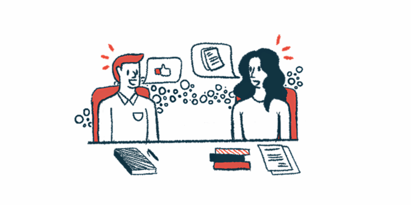 A thumbs-up sign and pages of documents are seen in separate speech bubbles between two people talking at a conference table.