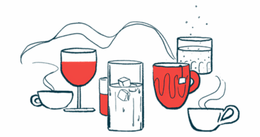 Two steaming cups of coffee sit at opposite ends of an array of hot and cold drinks.