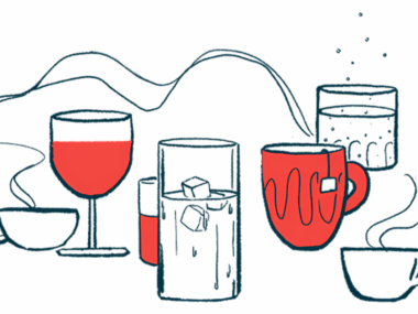 Two steaming cups of coffee sit at opposite ends of an array of hot and cold drinks.