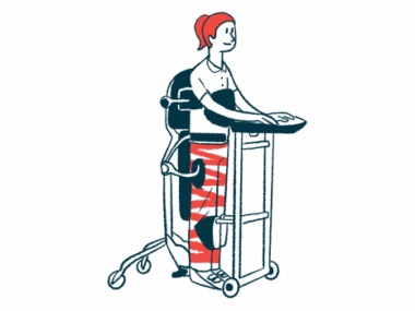 A person is seen using a stander, a device that allows people with muscle weakness to stand upright for therapy.