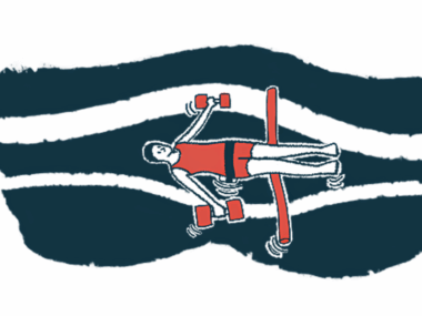 A person floats in water supported by a foam noodle and holding aquatic dumbbells.