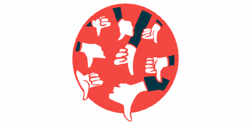 Eight hands are shown giving the "thumbs-down" sign within a red circle.