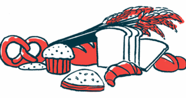 Various types of bread products are shown alongside stalks of wheat.