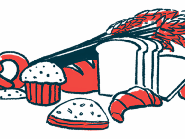 Various types of bread products are shown alongside stalks of wheat.