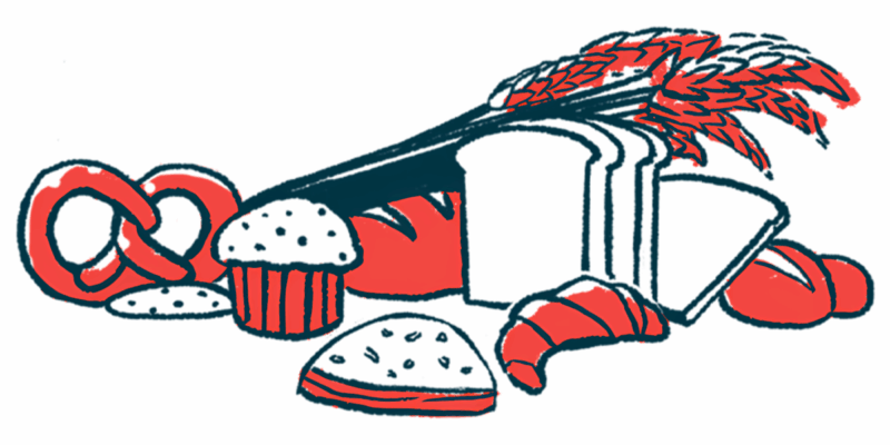 Various types of bread products are shown alongside stalks of wheat.