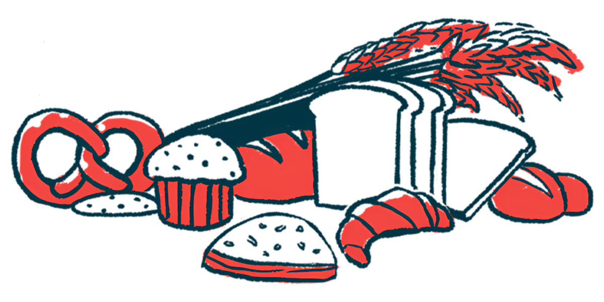 Various types of bread products are shown alongside stalks of wheat.