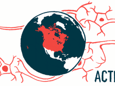 An illustration shows a globe surrounded by nerves, with ACTRIMS written at the lower right.