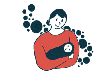 A woman holds a swaddled baby.