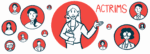 A woman wearing a headset with a microphone is shown in a red circle surrounded by smaller circles with people in them and ACTRIMS written on the background.