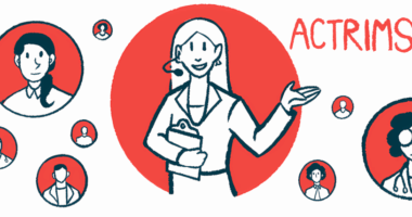 A woman wearing a headset with a microphone is shown in a red circle surrounded by smaller circles with people in them and ACTRIMS written on the background.