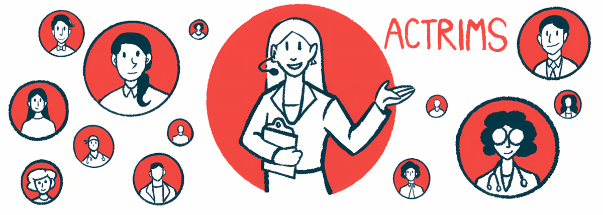 A woman wearing a headset with a microphone is shown in a red circle surrounded by smaller circles with people in them and ACTRIMS written on the background.