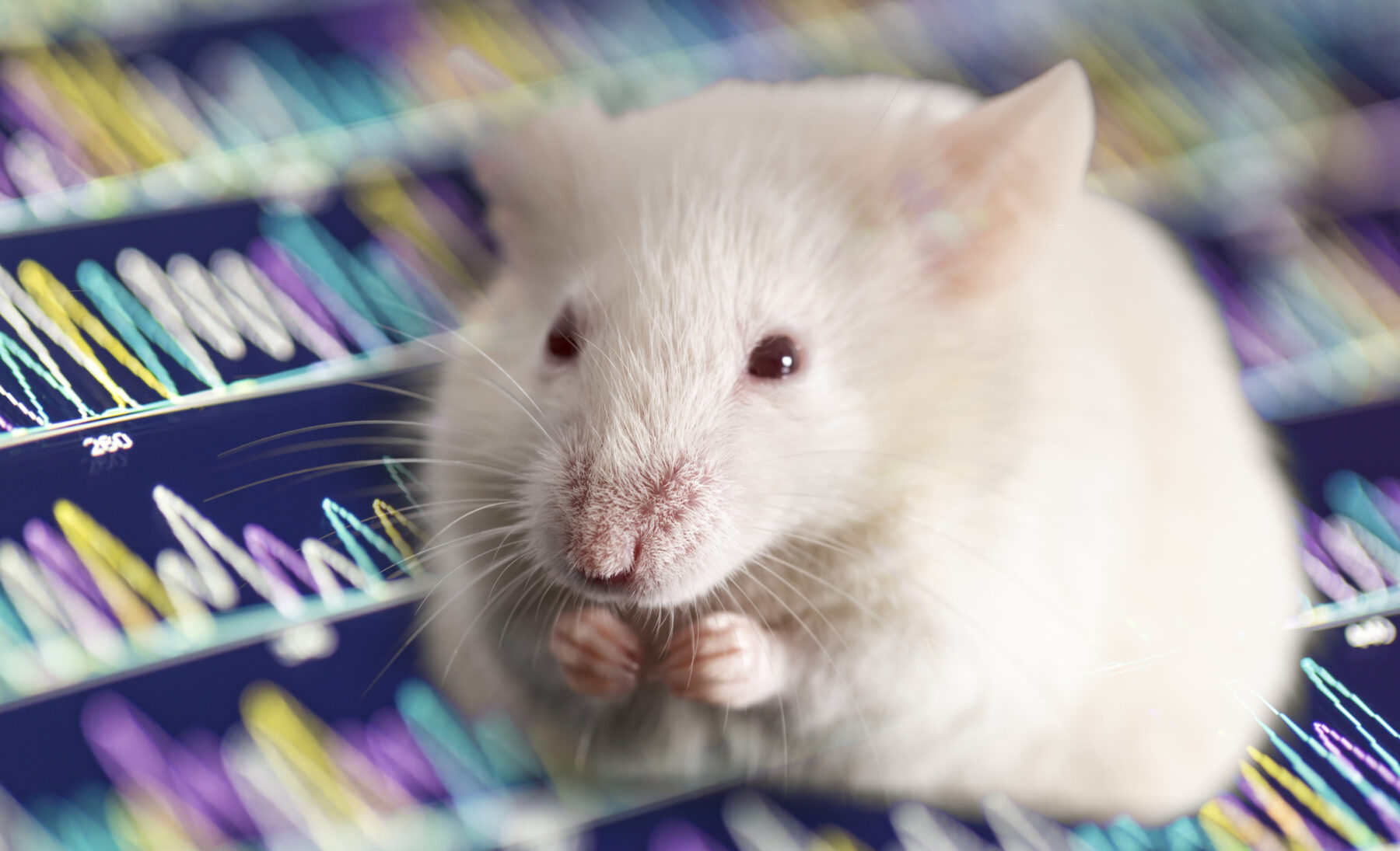 A white mouse is seen with its paws near its mouth.