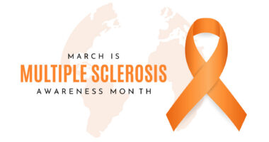 An orange awareness ribbon with text reading “March is Multiple Sclerosis Awareness Month” on a light background.