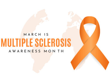 An orange awareness ribbon with text reading “March is Multiple Sclerosis Awareness Month” on a light background.