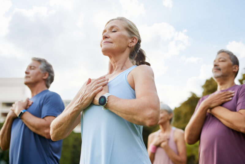 A photo of a group of people meditating peacefully outdoors in a park with hands on heart.