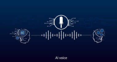This AI voice concept banner features a microphone icon, sound waveform, and head silhouettes.
