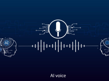 This AI voice concept banner features a microphone icon, sound waveform, and head silhouettes.