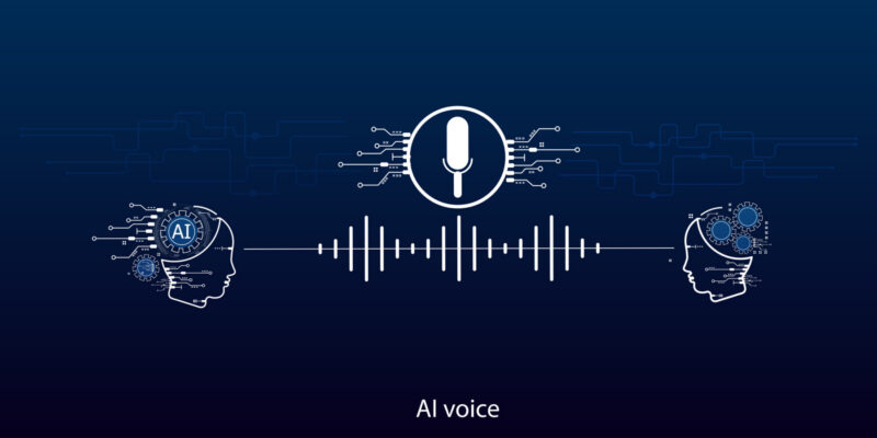 This AI voice concept banner features a microphone icon, sound waveform, and head silhouettes.