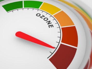 A meter labelled OZONE has its dial pointed to the dark red zone.