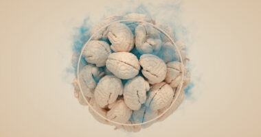 A 3D rendering shows a large number of human brains within a circle.