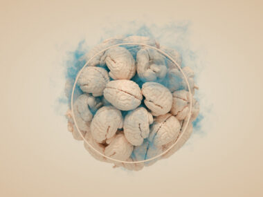 A 3D rendering shows a large number of human brains within a circle.