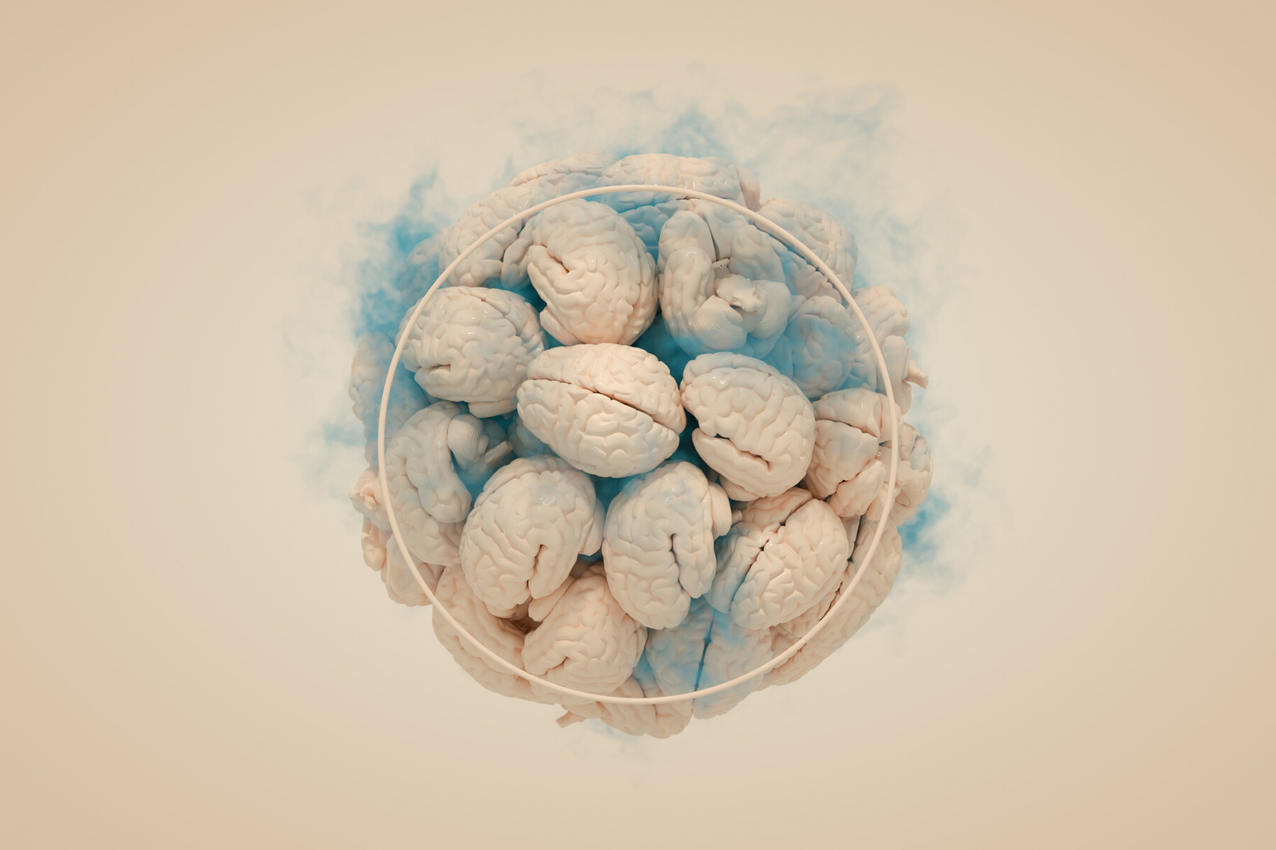 A 3D rendering shows a large number of human brains within a circle.