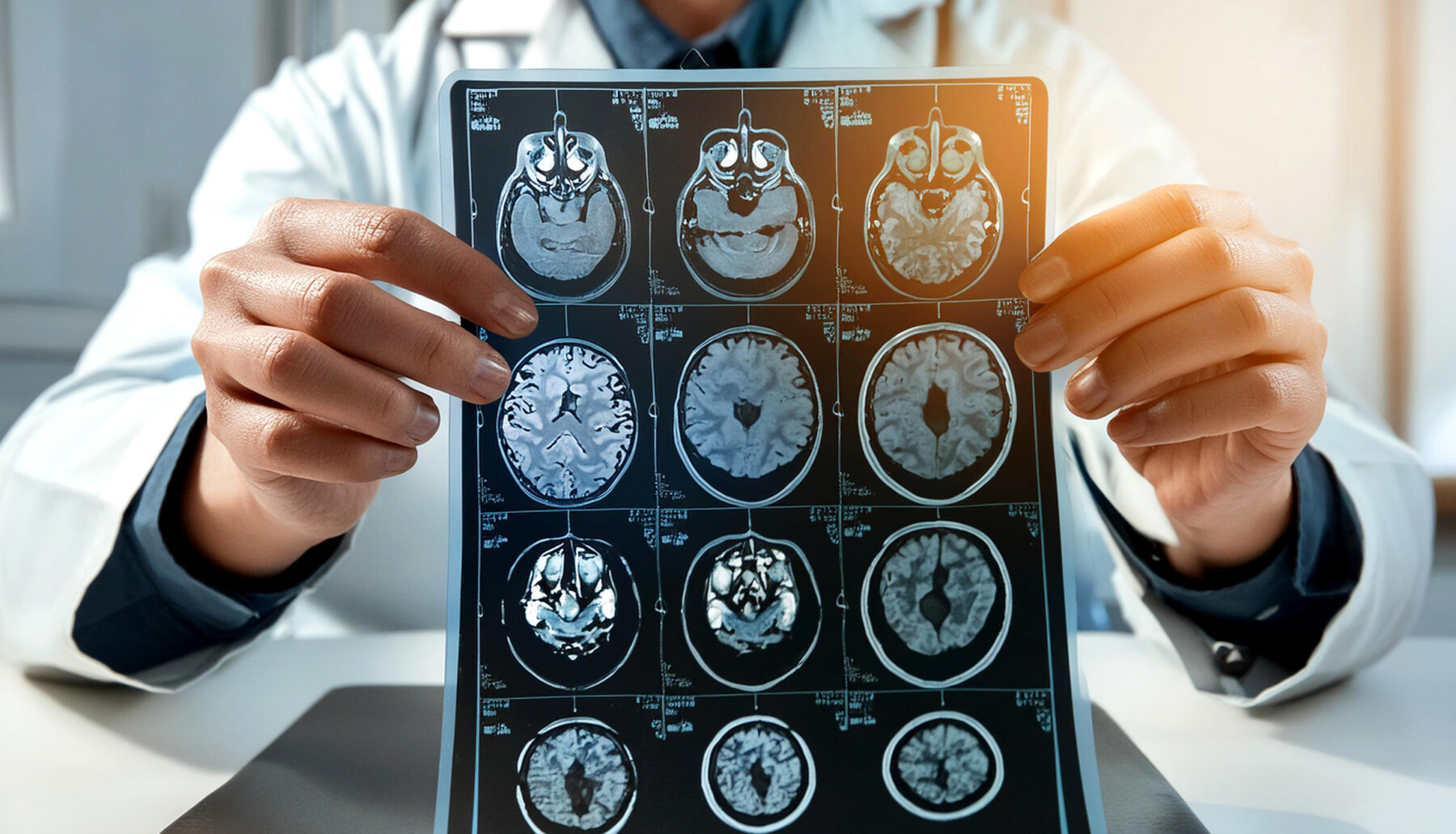 A doctor holds up an MRI brain scan of the head and skull.