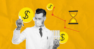 A researcher is shown with dollar signs and an hourglass in the background.