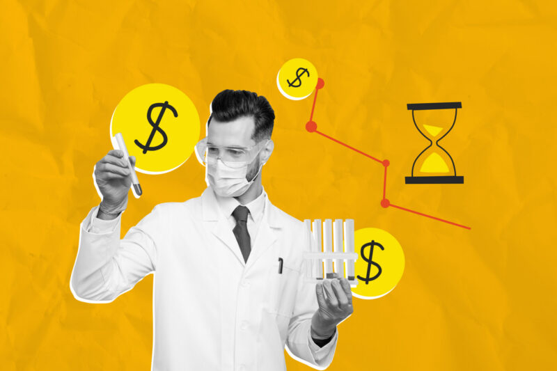 A researcher is shown with dollar signs and an hourglass in the background.