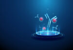 An illustration shows viruses and antibodies on a futuristic digital podium