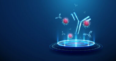 An illustration shows viruses and antibodies on a futuristic digital podium