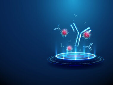 An illustration shows viruses and antibodies on a futuristic digital podium