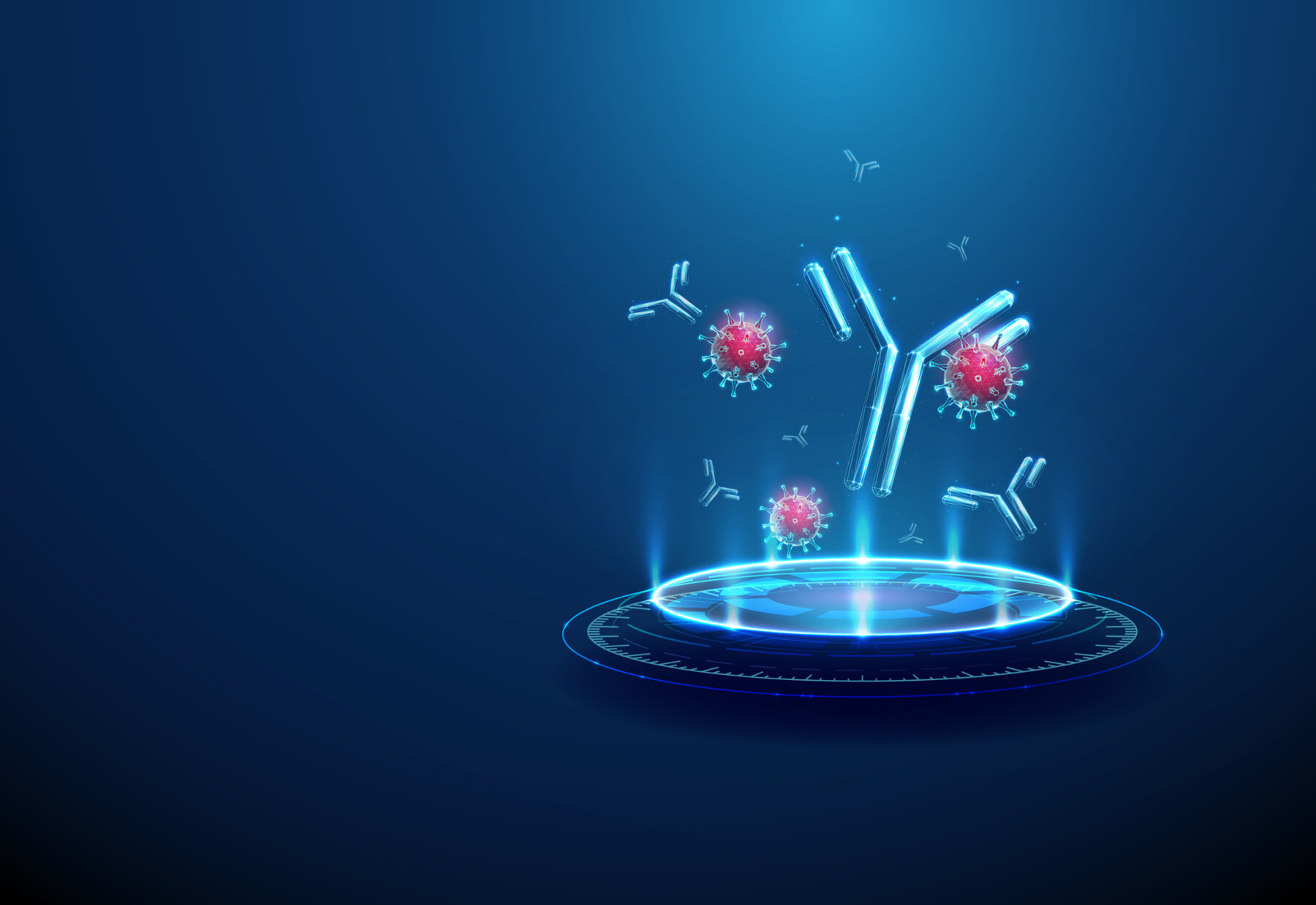An illustration shows viruses and antibodies on a futuristic digital podium