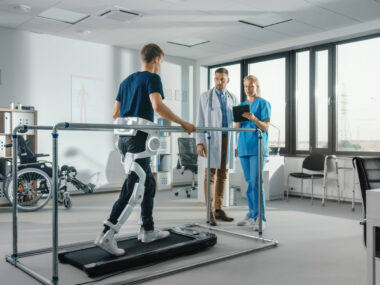 A patient wearing a robotic exoskeleton walks on a treadmill during physical therapy while being monitored by a pair of medical professionals. (Photo by iStock)