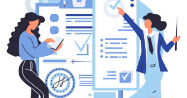 Illustration of two women reviewing a medical checklist and treatment plan on large documents, representing patient care and monitoring.
