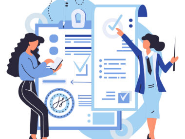 Illustration of two women reviewing a medical checklist and treatment plan on large documents, representing patient care and monitoring.