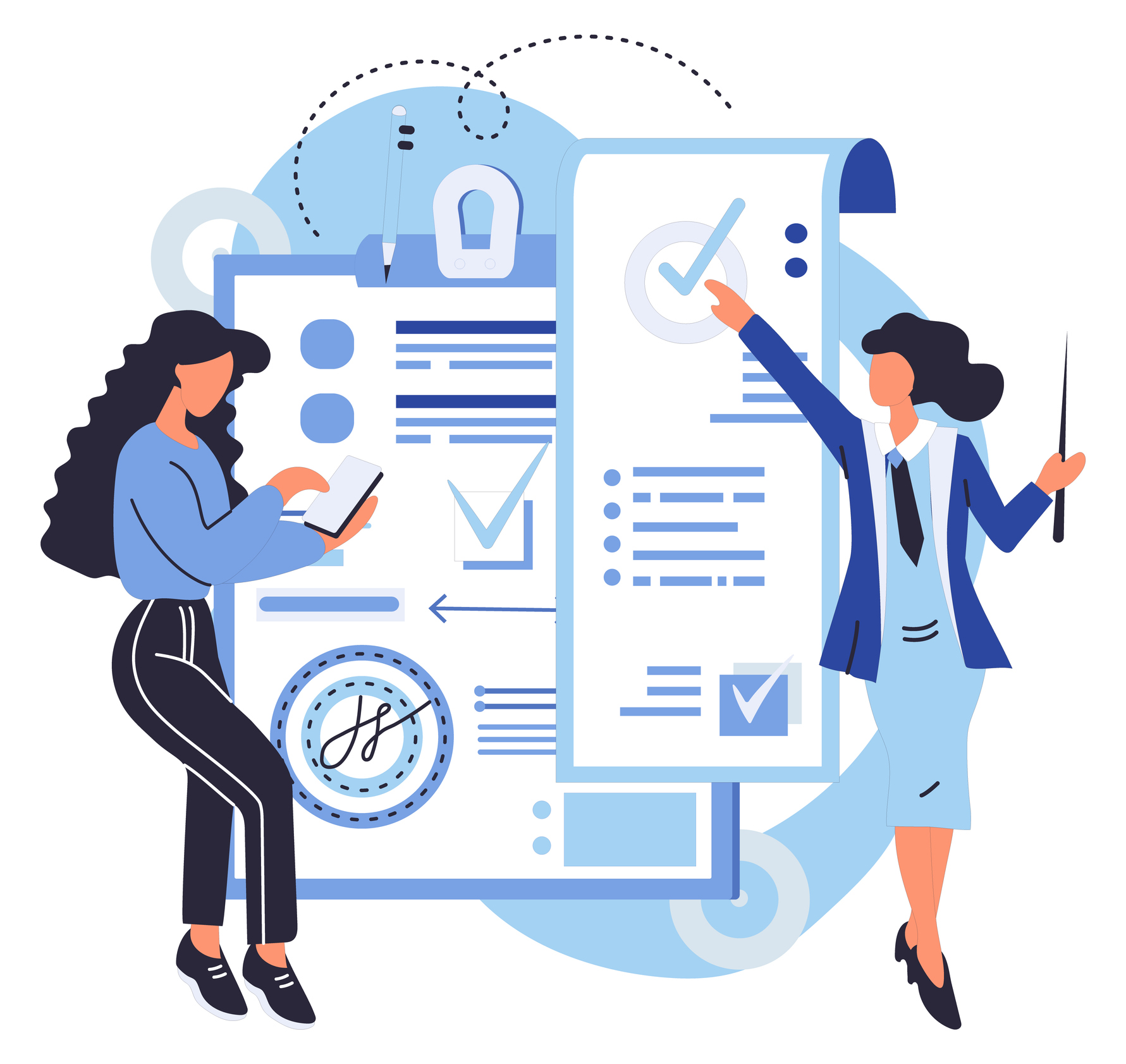 Illustration of two women reviewing a medical checklist and treatment plan on large documents, representing patient care and monitoring.