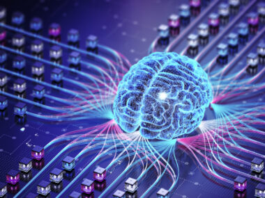 A 3D image shows a brain connected to multiple computers