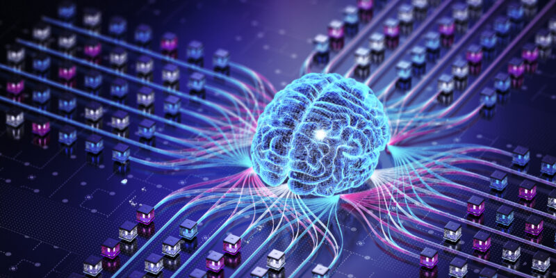 A 3D image shows a brain connected to multiple computers