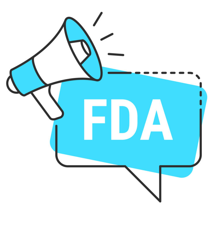 The letters FDA are shown in a speech bubble with a megaphone isolated on a blank background.