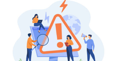 Illustration of four people surrounding a giant caution sign over a monitor screen.