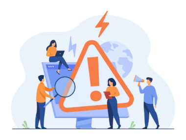 Illustration of four people surrounding a giant caution sign over a monitor screen.