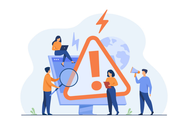 Illustration of four people surrounding a giant caution sign over a monitor screen.