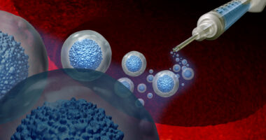 A 3D illustration of stem cell transplant show cells coming out of a syringe against a red backdrop.